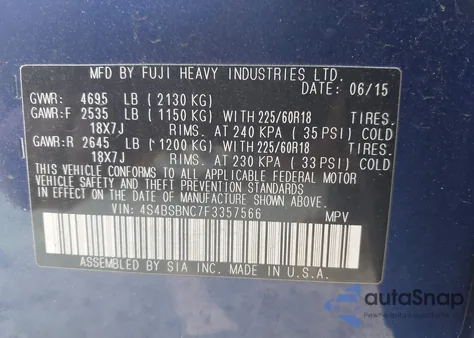 2015 Subaru Outback 2.5I Limited z USA, uszkodzony, nr VIN 4S4BSBNC7F3357566